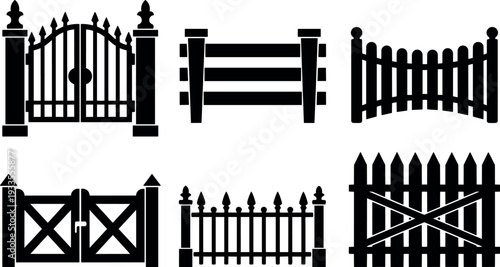 Flat design collection of six decorative fence and gate silhouettes close up overhead layout simple black vector icons set group