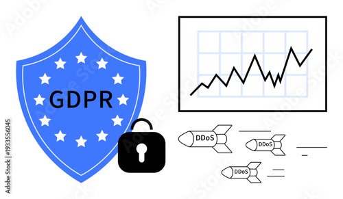 Online privacy, data protection, cybersecurity, GDPR compliance, DDoS mitigation, information security. Blue GDPR shield, lock chart and DDoS symbols. Online privacy and data protection concept