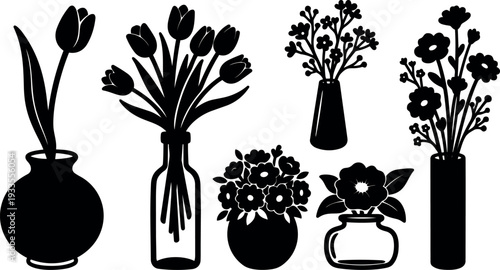 Minimalist silhouette vector close up of mixed vase arrangements with tulip bouquet single stem and wildflower bunch on white background