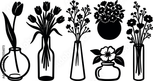 Flat silhouette floral vase set with tulip bouquet stems close up botanical line art vector black composition looking isolated simple