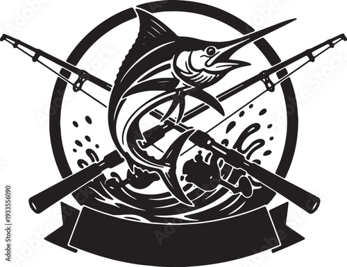 Vintage black and white marlin fishing emblem with crossed rods and banner illustration