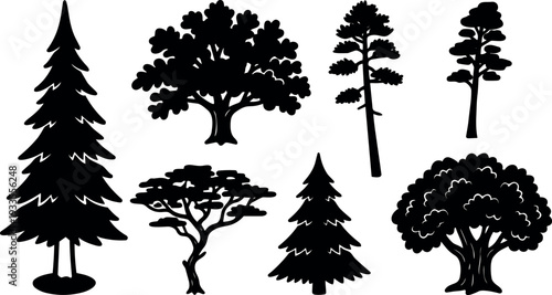 Flat design vector tree silhouettes sheet showing varied species close up side view isolated ornamental evergreen oak acacia pine bush