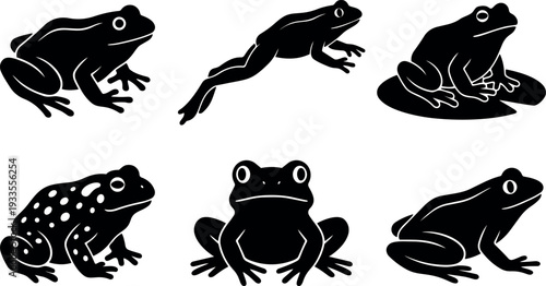 Silhouette vector set of six frog poses showing sitting jumping resting and front view in flat black minimal design studio