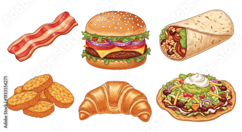 Cartoon Fast Food Set with Burger Bacon Burrito Croissant Nuggets and Taco