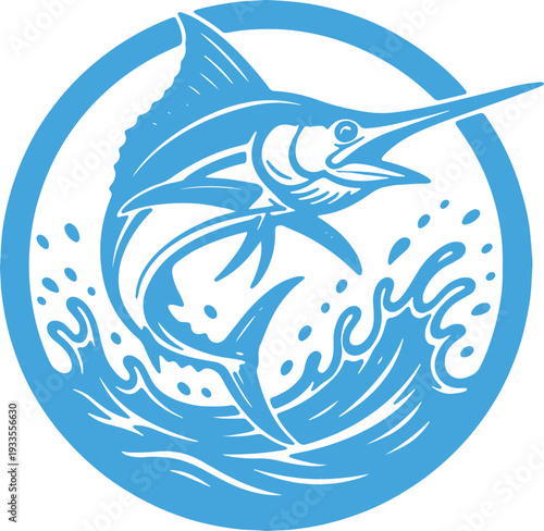 Powerful blue marlin fish jumping from ocean waves vintage style circular logo design
