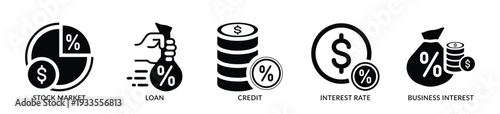  Interest rate icon set. Set of loan, credit and interest icon - Stock Vector