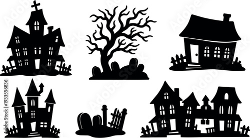 Silhouette vector spooky haunted houses graveyard with gnarled tree tilted fences tombstones low angle moonlit isolated black shapes halloween silhouettes