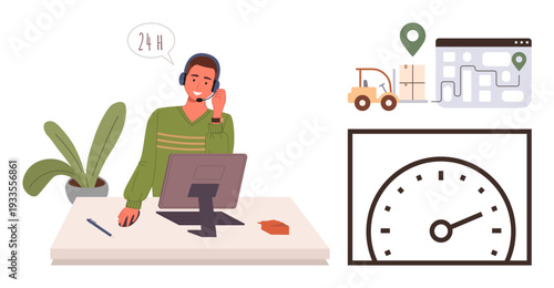 E-commerce logistics, customer service, supply chain management, delivery tracking, transportation efficiency, real-time updates. Man at a desk with a headset, delivery map, tracking symbols
