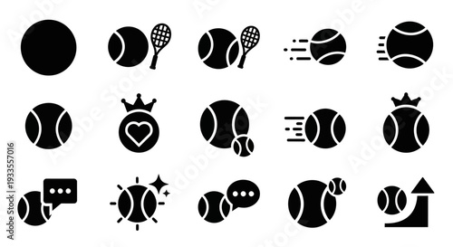 Collection of Tennis Ball Icons in Various Designs and Themes on a Plain Background from a Direct Viewpoint