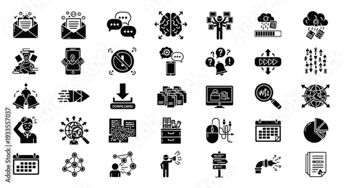 Collection of business and technology icons representing various concepts and ideas in a simple illustration style
