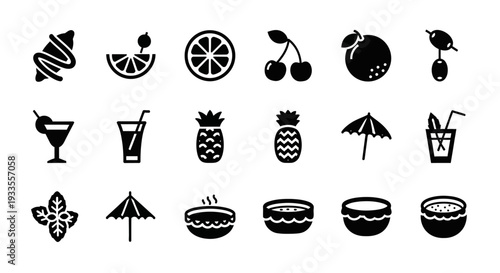 A collection of summer-themed icons featuring fruit, cocktails, and beach accessories from a straightforward viewpoint