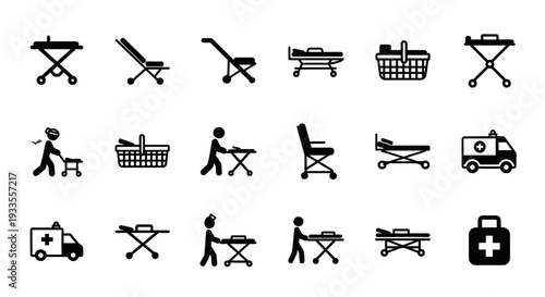 Various medical and hospital icons representing healthcare services and patient care activities in a simple illustration style