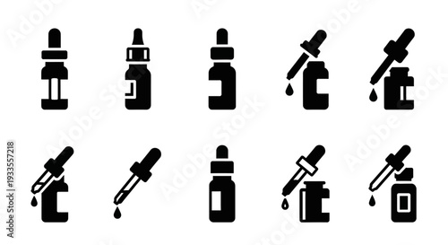 Collection of various cosmetic bottles and droppers illustrated in a grid layout, showcasing different designs and styles, from simple to complex, in a minimalist black and white visual representation