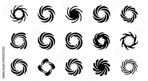 Collection of black swirling abstract shapes on a plain white background viewed from directly above