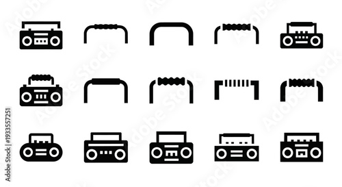 Collection of various boombox icons and cassette tape symbols displayed in a grid pattern