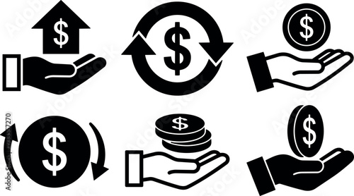 Flat design close up hand holding coin stack and circular arrows money transfer icons set black and white minimal silhouette