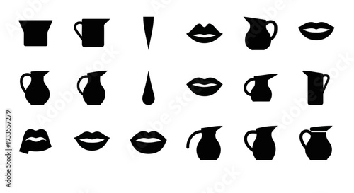 Collection of black silhouettes of lips and jugs displayed against a plain white background from a straightforward viewpoint