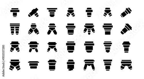 Collection of martial arts belt icons in various poses and styles on a clean background from a straightforward viewpoint