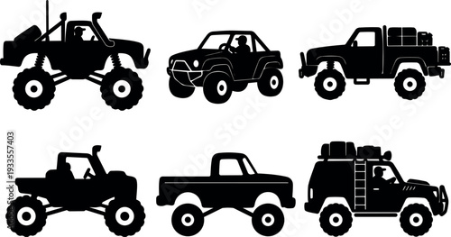 Silhouette vector icon set of six offroad trucks side view with drivers lifted suspension large tires cargo roof racks adventure