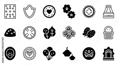 Collection of various black and white icons representing food, plants, and objects from different viewpoints