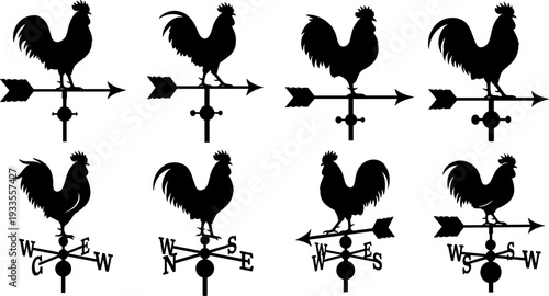 Rooster weather vane silhouettes set, farmhouse wind direction symbols vector illustration, isolated black rooster weathervane designs collection for rural, vintage, farm decor projects