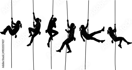 Rope access workers silhouette vector illustration showing industrial climbers performing vertical safety training, rescue techniques and work at height activities isolated on white background