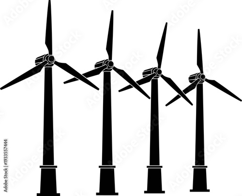Row of four modern wind turbines with large blades, generating clean renewable electricity, representing ecological green power energy vector illustration set