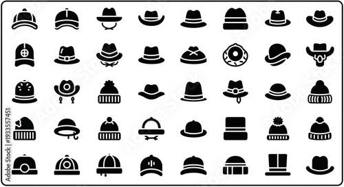 A collection of various hat icons displayed in a grid arrangement on a simple background from a straightforward viewpoint