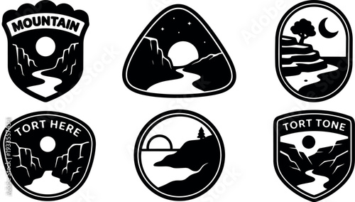 Minimalist badge vector set six mountain river landscape emblems black and white sunset moon night shield round triangle oval stylized