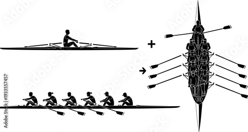 Rowing Team Crew Black Silhouette Vector Set, Competitive Sport Athletes in Racing Shell Boat, Single and Eight-Person Scull Graphic, Water Sport Training and Fitness Action Icons.