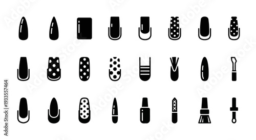Collection of various nail polish bottle illustrations displayed on a clean white surface from a straightforward viewpoint