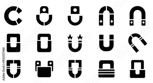 Collection of Black Magnetic Icons on White Background Displaying Various Shapes and Designs