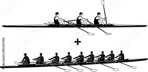 Rowing Team Silhouettes in Narrow Sculling Boats, Including Coxed Four and Eight-Man Crew with Oars, Representing Water Sports, Competition, Strength, and Teamwork