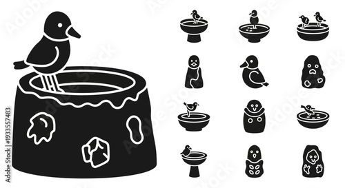 Birds resting on various birdbaths and feeders in a garden setting illustrations
