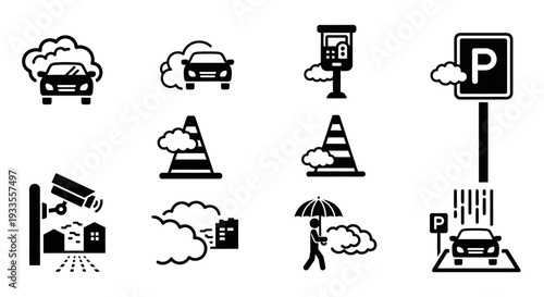 Various transportation icons depicting vehicles and traffic signs in different weather conditions and scenarios