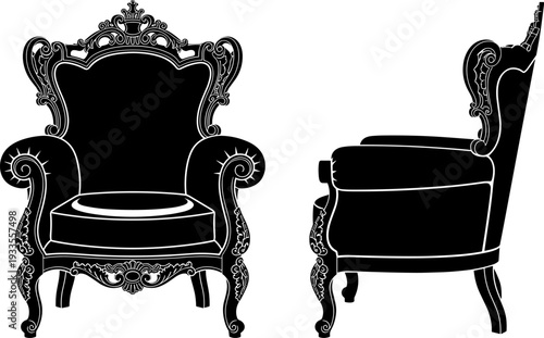 Royal luxury throne armchair silhouette vector illustration, classic baroque antique furniture design front and side view isolated on white background