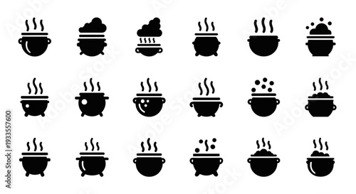 Collection of various hot beverages and soups in bowls and mugs, illustrated in a minimalist style, viewed from directly above