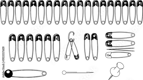 Safety pins vector illustration set, sewing and tailoring tools collection including metal pins and push pins, black outline icons isolated on white background