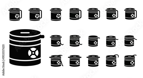 Collection of Toxic Waste Barrels and Containers in Various Sizes and Shapes
