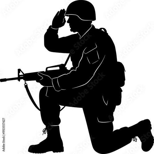 Saluting kneeling soldier silhouette vector illustration, military respect and honor concept, armed forces service pose with rifle, defense and patriotism theme