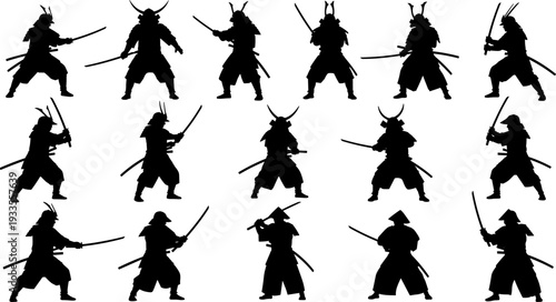 Samurai warrior silhouettes set, Japanese sword fighting poses, black vector illustration collection for ninja, ronin, martial arts design, traditional combat characters