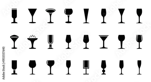 Collection of various wine and cocktail glasses illustrated in black silhouettes against a clean white background