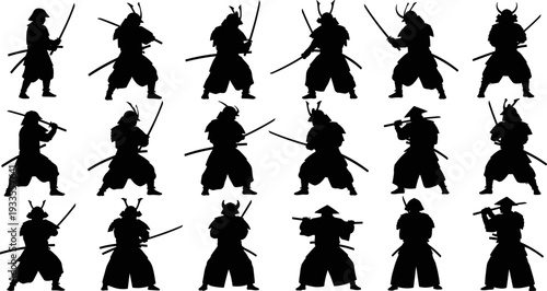 Samurai warrior silhouettes vector illustration set, Japanese swordsmen katana combat poses, black historical fighter icons collection for martial arts, culture, game, branding design