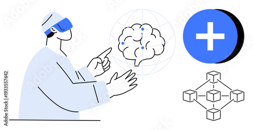 Artificial intelligence. AI advancements merging with blockchain innovation for secure data networks. AI integration in virtual reality and tech applications. For technology, innovation, healthcare