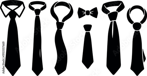 Flat design close up set of seven black tie and bow tie silhouettes in various knots front view and angles