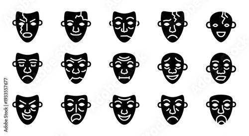 Collection of diverse facial expressions and emotions depicted through simple black and white illustrations