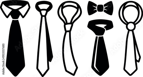 Flat design vector row of six black tie and bow tie icons showing different knots collars and angles in silhouette