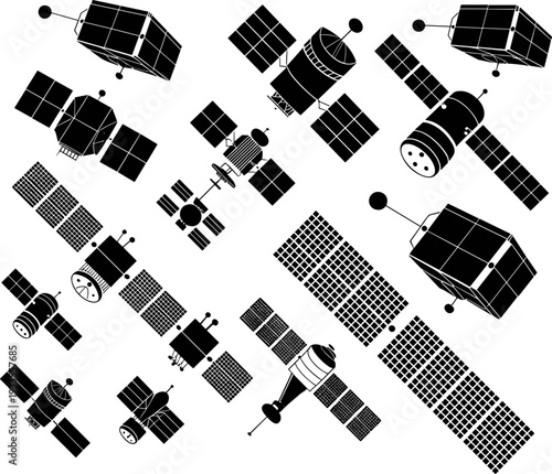Satellite vector illustration set with communication and research spacecraft, solar panels, antennas, and orbital equipment, modern space technology and astronomy concept design
