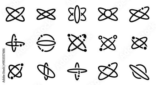Collection of abstract atomic structures and molecular models depicted in minimalist line art style