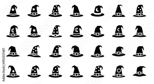 Collection of assorted witch hats silhouetted against a plain background from various viewpoints